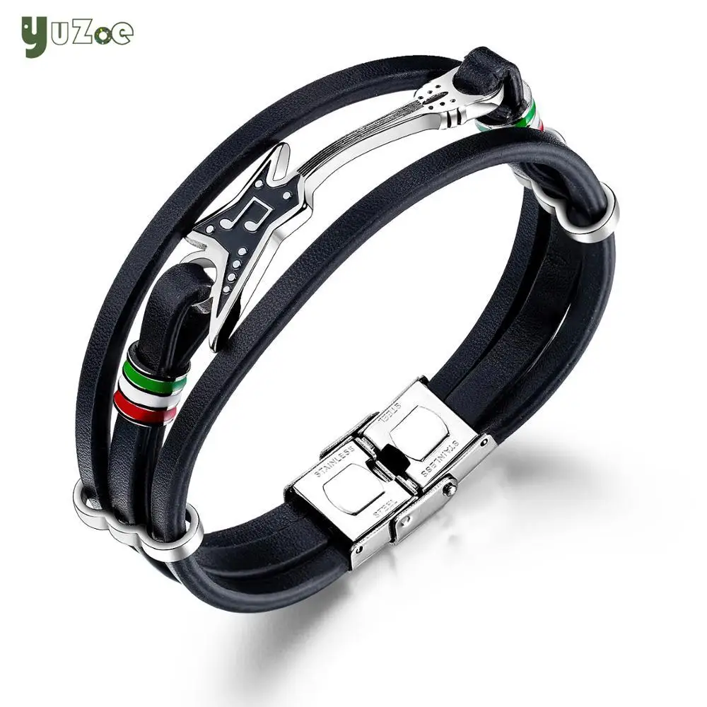 

YUZOE Punk Bracelet Men Personality Small Guitar Multi Layer Woven Leather Rope To Send Boyfriend Gift