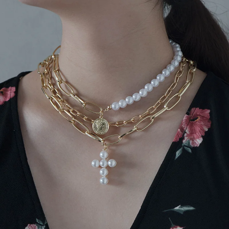 Conjunto de 2 unidades de collar multicapa perlas, colgante, Cruz, joyería para mujer, 2019|Collares colgantes|
