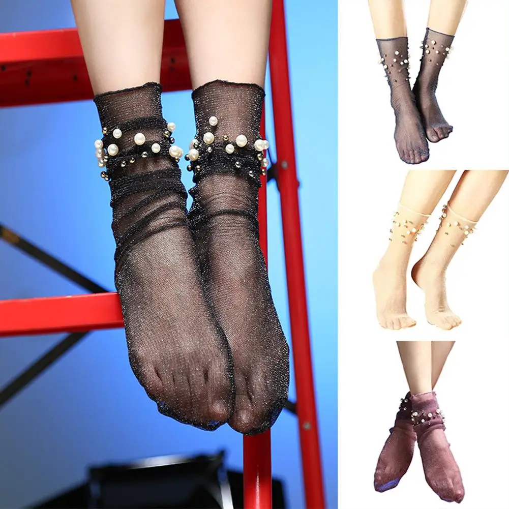 Женские сексуальные носки с перламутровым блеском, прозрачные ультратонкие эластичные носки средней длины, Короткие чулочно-носочные изделия