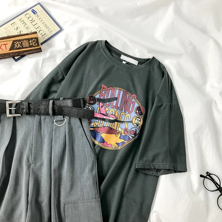 Harajuku Boyfriend Style Short Set Women Casual Short Sleeve Loose Overszie T-shirt + High Waist Wide Leg Short Matching Set