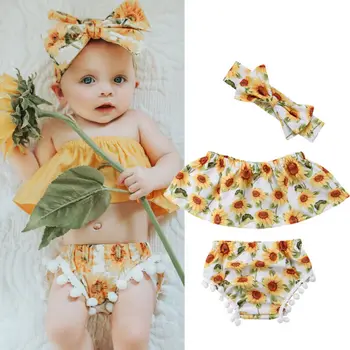 

2020 Newborn Clothing Baby Girl Clothes Set Off Shoulder Tassel Top T-Shirt+Shorts Pants 3PCS Summer Outfit