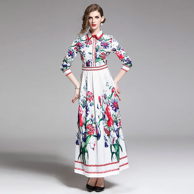 

8809 # Europe And America Versitile Fashion Slim Fit Slimming Positioning Floral Printed Dress