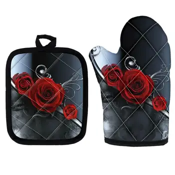 

Gothic Rose Flower Printed Oven Mitts Set of 2 Microwave Oven Gloves Pot Holders Decorative Kitchen Insulation Pads for Baking