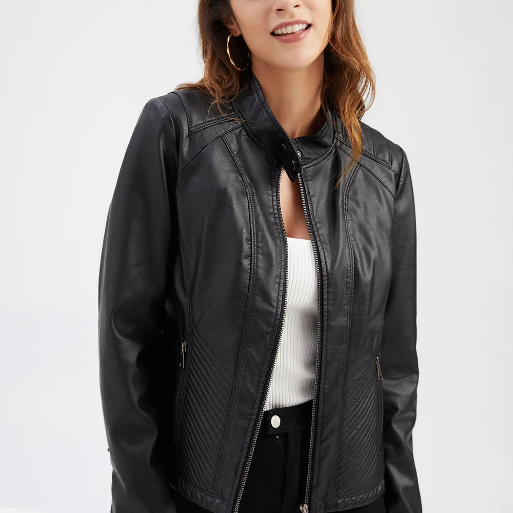 

European Style Woman Biker Jackets Long Sleeve Female Coat Spring Autumn Faux Leather Women Coats