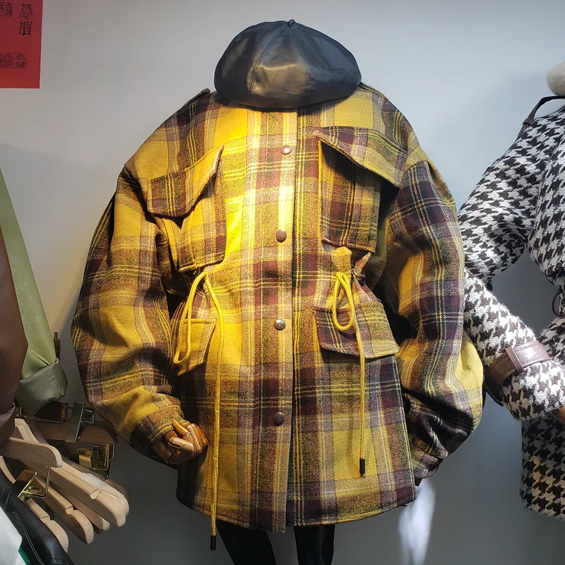UK Осень Зима дизайн Женская Повседневная клетчатая рубашка куртка и пальто желтый синий