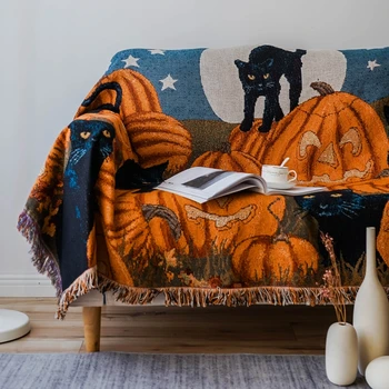 

Halloween Pumpkin Cat Blanket Bed Couch Home Sofa Decorative Cover Hanging Tapestry Outdoor Towel