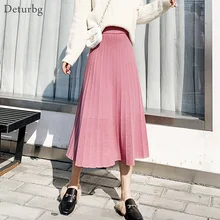 Для женщин красивые прозрачные платья миди; юбка для девочек; в Корейском стиле Повседневное Высокая талия плиссированные трикотажные яркие черные юбки Faldas Saias femininas зимние SK453