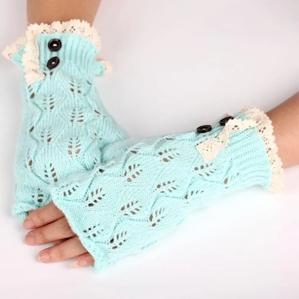 Yfashion, модные, кружевные, с полями, с узором в виде листьев, перчатки, Осень-зима, шерстяная пряжа, пуговицы, теплые, вязаные, половина пальцев, перчатки для женщин - Цвет: blue