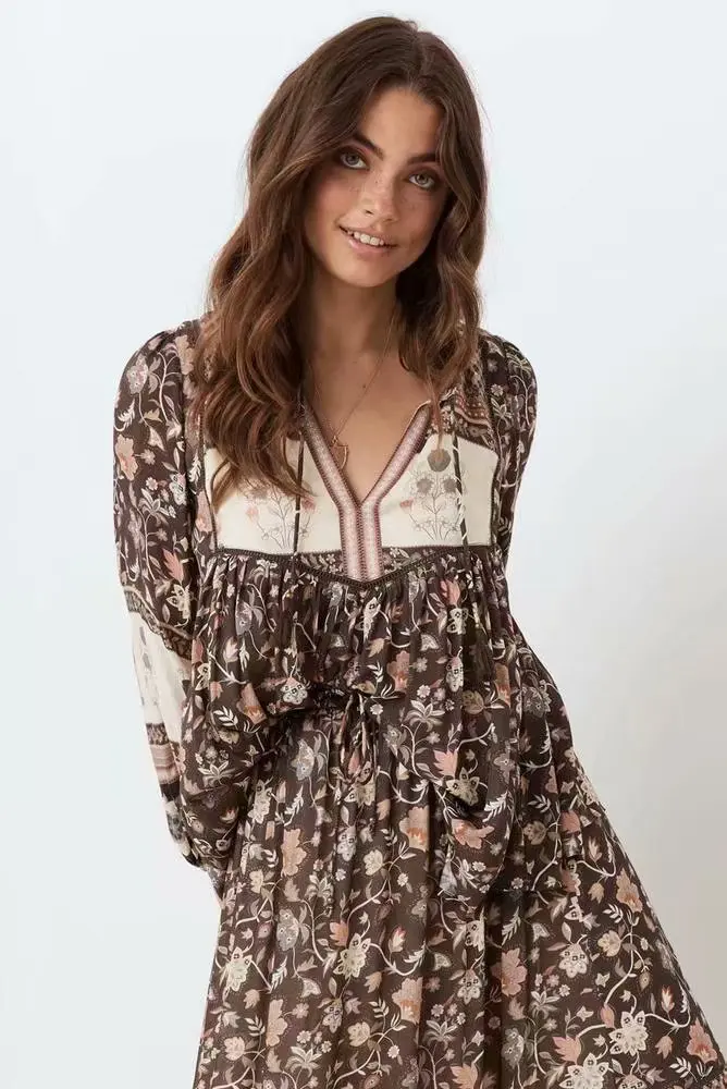 2020 Autumn Womens New 2 Piece Set Dress Lacing Up Fashion Long Cotton Dress Long Sleeve Floral Tassel Classic Midi Dress Mujer