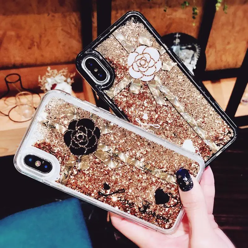 Luxury Gift Camellia Gold Sequin Bling Glitter Dynamic Liquid Quicksand Phone Case For iPhone X XS XR Xsmax 6S 7 8 Plus TPU |