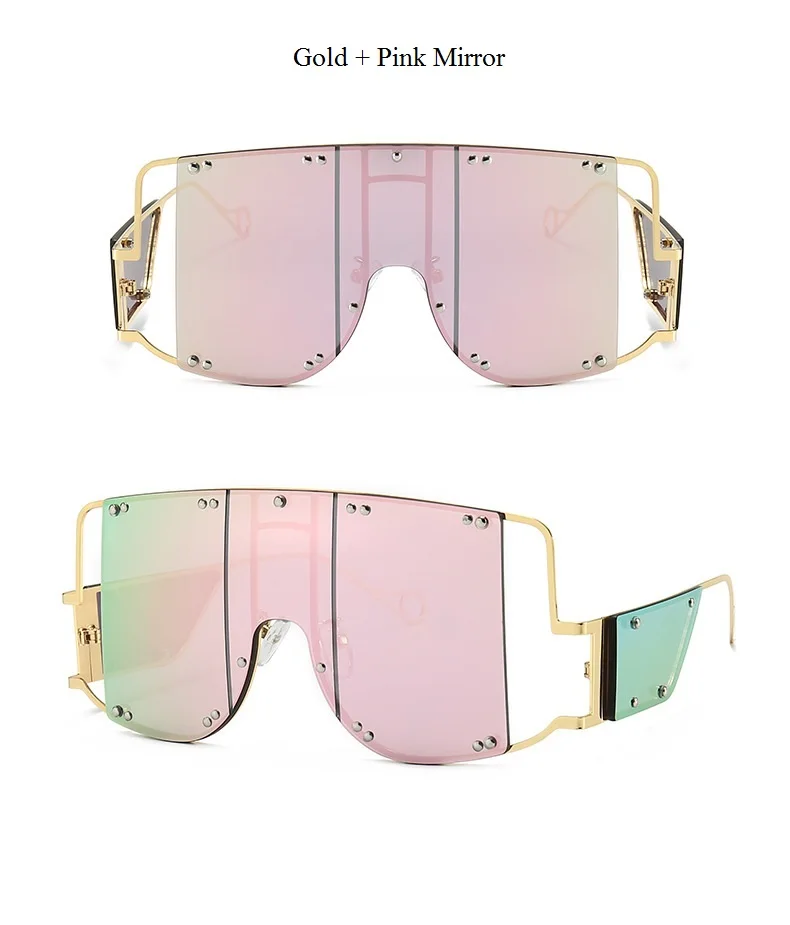 gold pink mirror Роскошный бренд, новинка, солнцезащитные очки в стиле панк для мужчин, металлические негабаритные солнцезащитные очки для женщин, красные, желтые линзы, Большая квадратная оправа, зеркальные, UV400 - Цвет линз: gold pink mirror