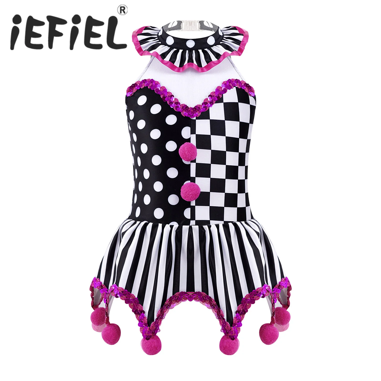 

Kid Girls Circus Clown Cosplay Costumes Dress Up Halter Neck Plaid Polka Dots Stripes Print Sequins Adorned Carnival Party Dress