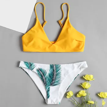 

ZAFUL Leaf Print Bikini Set Padded Bra And Print Bottoms Spaghetti Straps Swim Suit Wire Free Women Summer Casual Bathing Suits