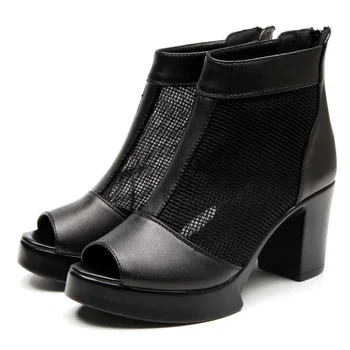 

2020 Peep toe High Heels Sandals Women Shoes Mesh Genuine Leather Summer Elegant Ladies Party Shoes Square Heels 7cm YX2305