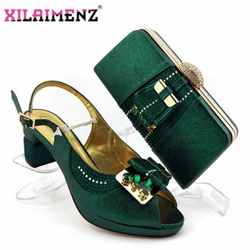 

2020 Summer New Design Italian Women Matching Shoes and Bag Set African Style in Dark Green Color Ladies Wedding Shoes and Bag
