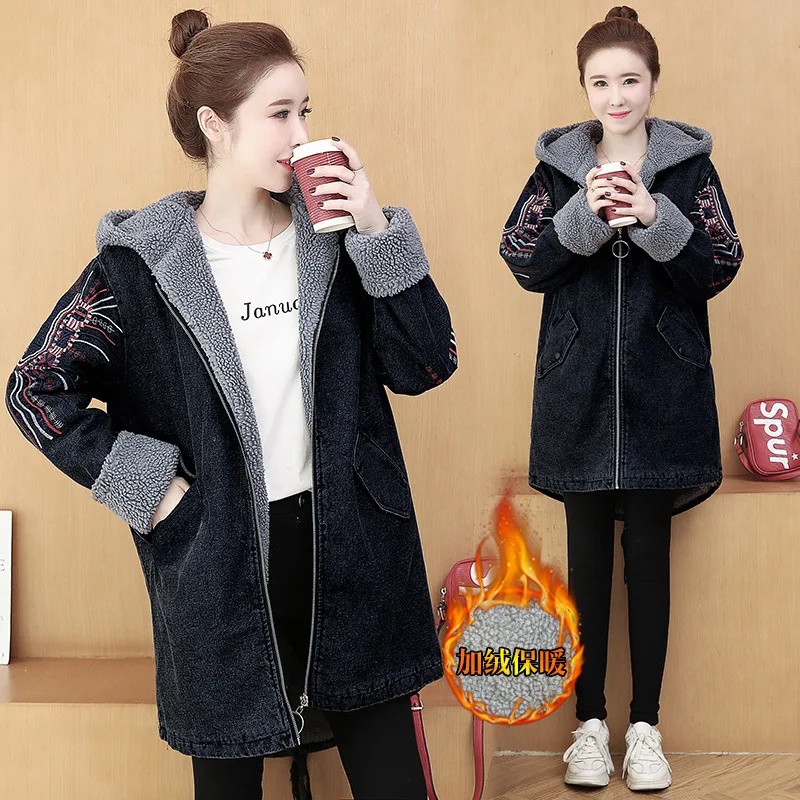 

2019 Winter Lambs Wool Large Size Dress-Style Embroidered Hooded Mid-length Cowboy Brushed And Thick Coat