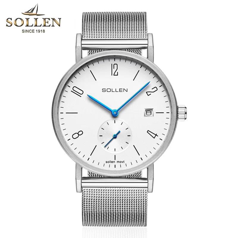 8 мм толщина часы мужские SOLLEN минимализм кварцевые часы мужские Дата наручные часы мужские водонепроницаемые мужские часы дропшиппинг SL9045 - Цвет: Silver White