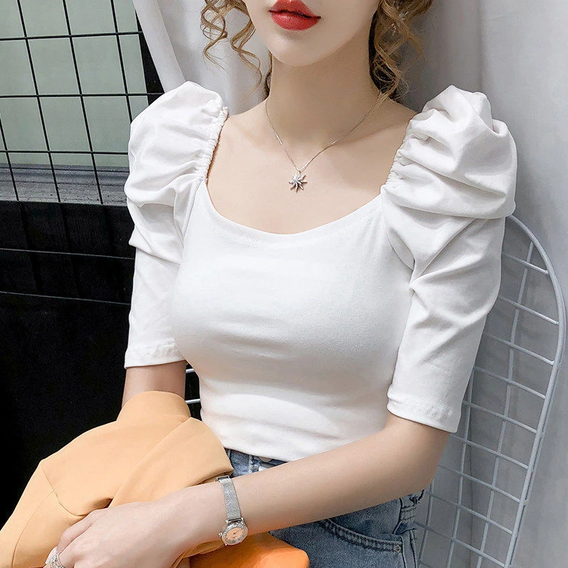 Fashion Cotton T Shirt Women Summer Puff Short Sleeve Plus Size Slim  T-shirts Elegant Tee Korean Ladies Tshirts Streetwear 134