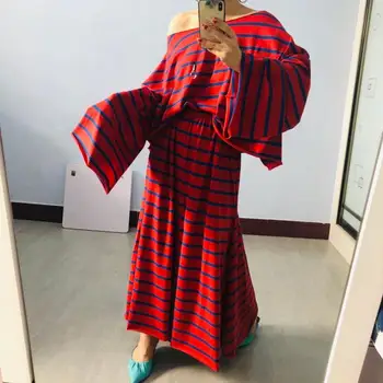 

SuperAen Striped Fishtail Ankle Length Loose Skirt Wide Sleeve Off-the-Shoulder Shirt Full Autumn Female Summer Suit