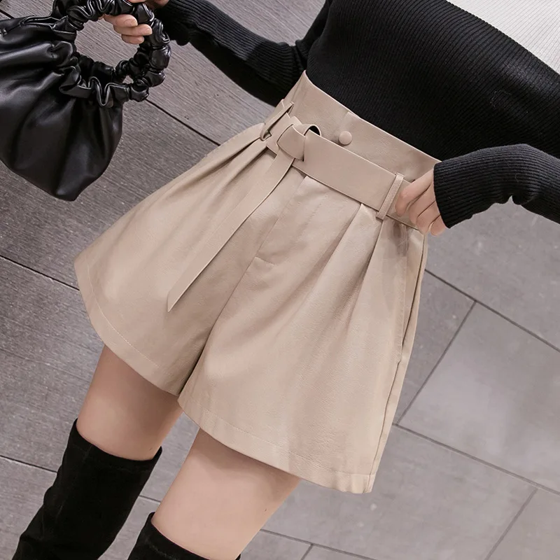 PU Leather Shorts Women 2020 New Autumn Winter Korean Style Fashion High Waist Wide Leg Loose Slimming Leather Boots Shorts