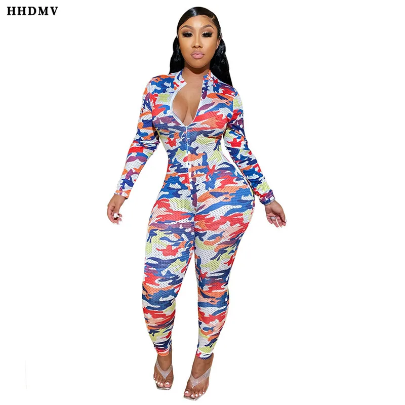 HHDMV V-Neck эластичный обтягивающий камуфляжный комбинезон с принтом кошка модный уличный длинный рукав длинные штаны комбинезон Облегающий комбинезон - Цвет: Camouflage