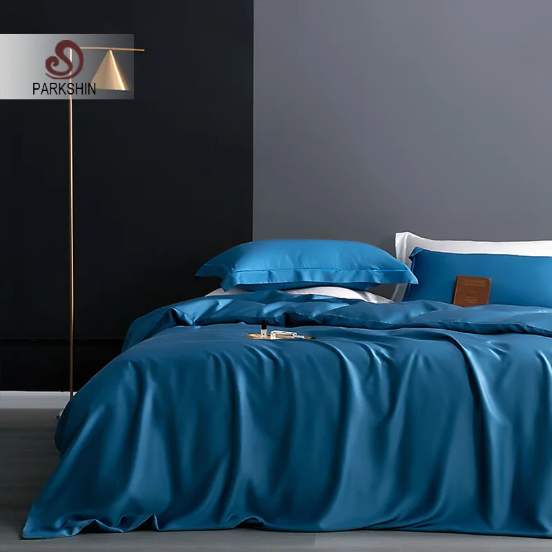 

Parkshin 100% Silk Blue Luxury Silky Healthy Skin Duvet Cover Home Textile Bedding Set For Women Man Kids Flat Sheet Set