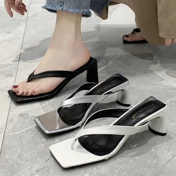 

2020 Chunky Flip Flops Slides Women 6cm High Heels Mules Fetish Summer Sandals Block Low Heels Slippers Prom Stripper Girl Shoes