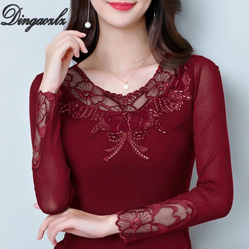 Wine red Dingaozlz осень новая сетчатая кружевная блузка рубашка женская с длинным рукавом Плюс Размер Женская одежда вышитый женский топ - Цвет: Wine red