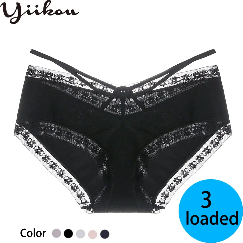 

Women's thin section hollow ice silk underwear 3 loaded girls sexy low waist underwear seamless lace side waist belt triangle