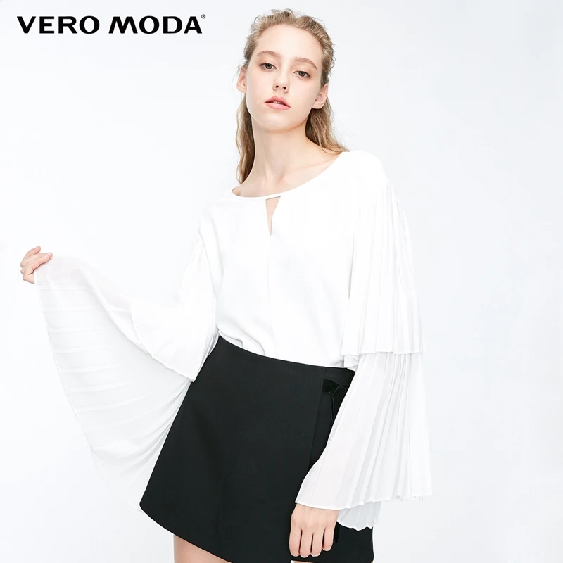 Vero Moda Женская плиссированная расклешенная шифоновая рубашка с вырезами и круглым вырезом | 318451512