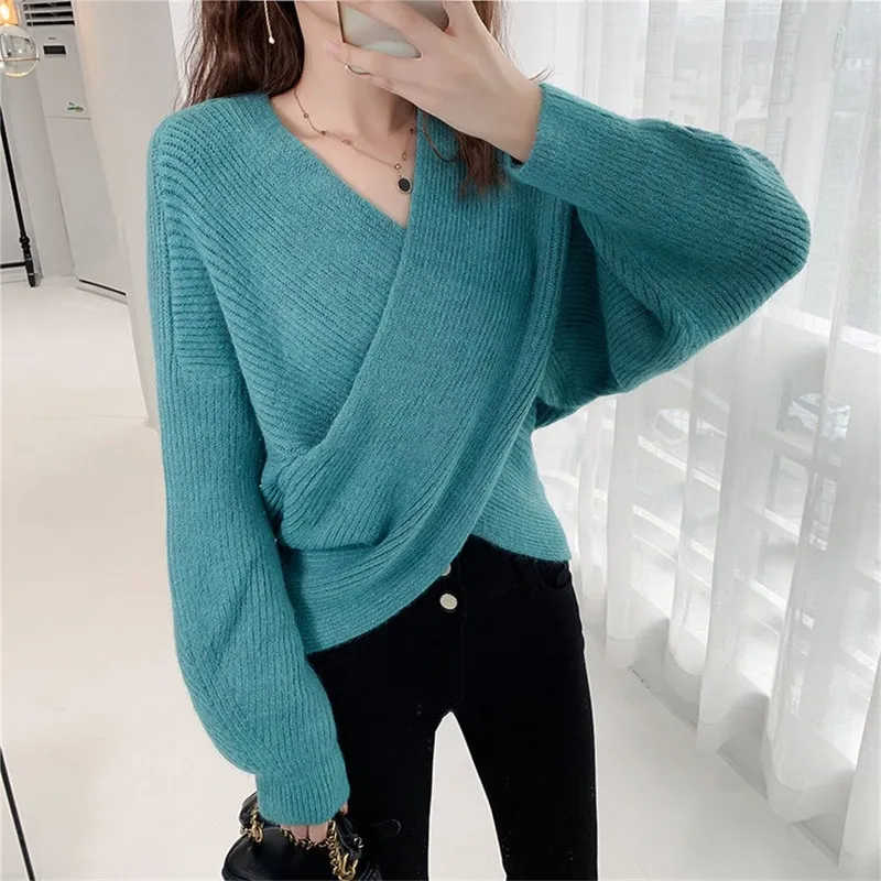OMIKRON Pull Femme зимние свитера с длинными рукавами, одноцветные, с v-образным вырезом, сексуальные, с перекрещивающимися вставками, свитер для женщин, большие размеры, Roupa Feminina