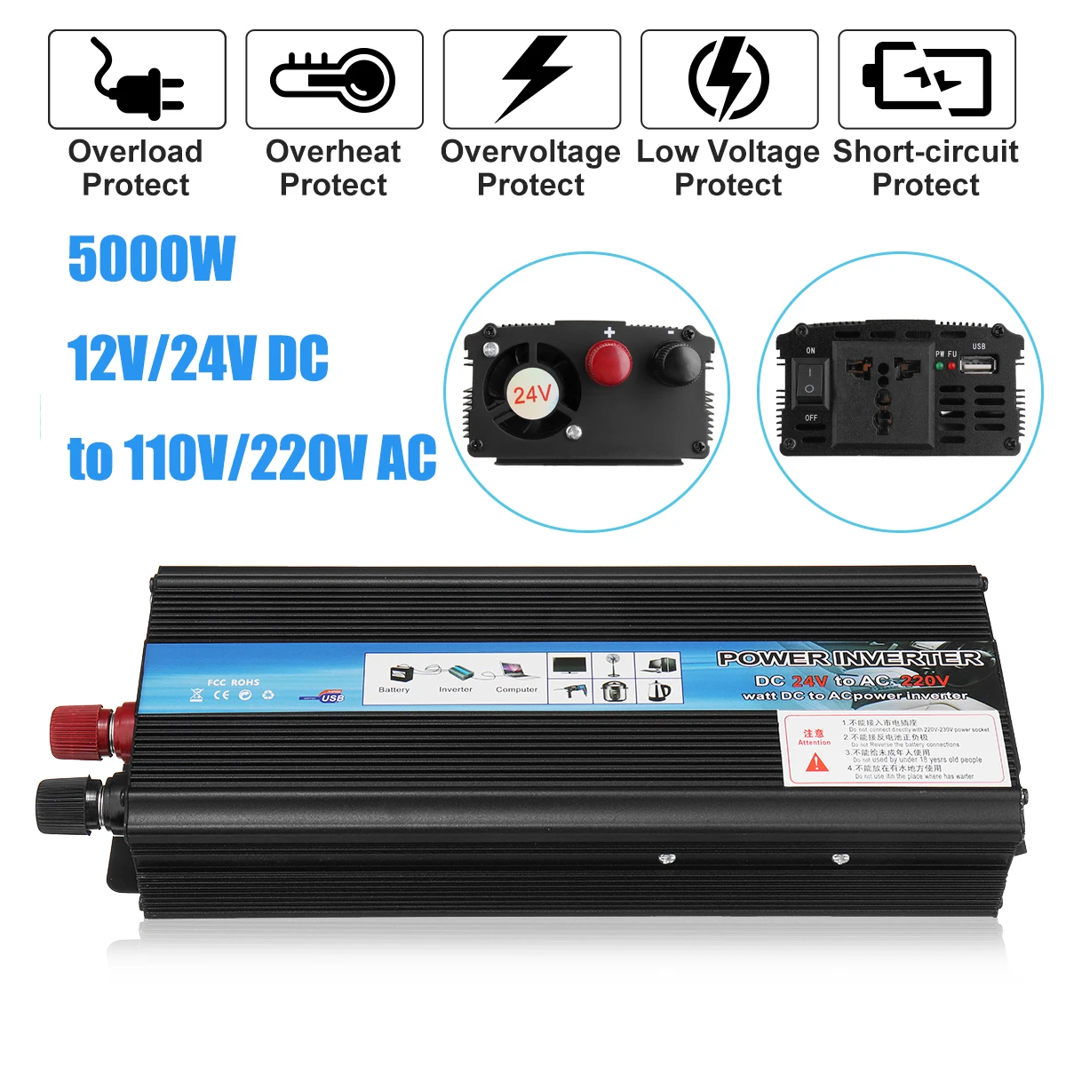 US $35.48 Inverter 12v 220v Voltage Transformer 5000w P Eak Dc12v24v To Ac 110v220v Solar Power Inverter Converter Solar Inversor Black