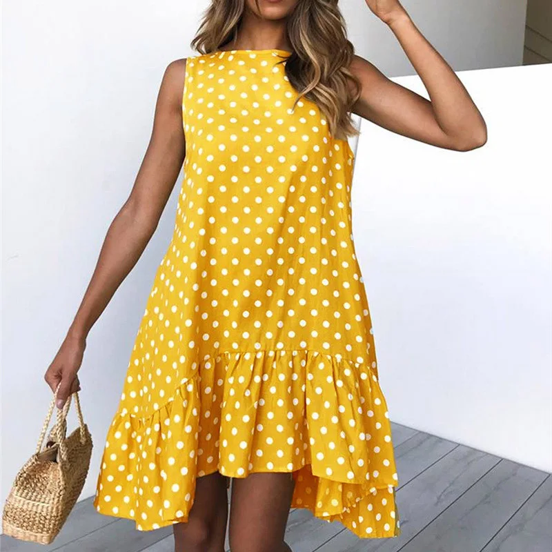 

Women Fashion Polka Dot Printed Dress Ladies Casual Sleeveless Loose Round Neck Dress Women Ruffles High Waist Summer Dress