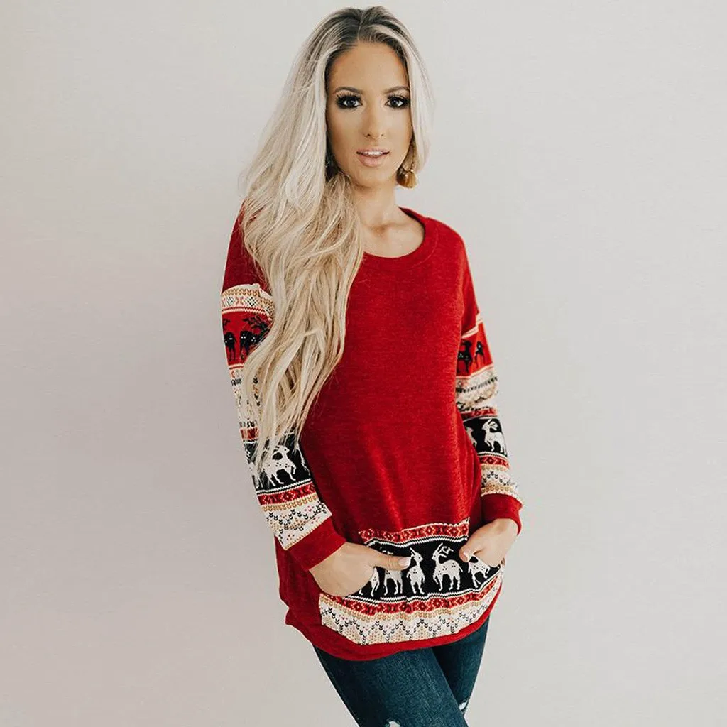 Рождественские женские пуловеры с принтом оверсайз длинным рукавом этнические