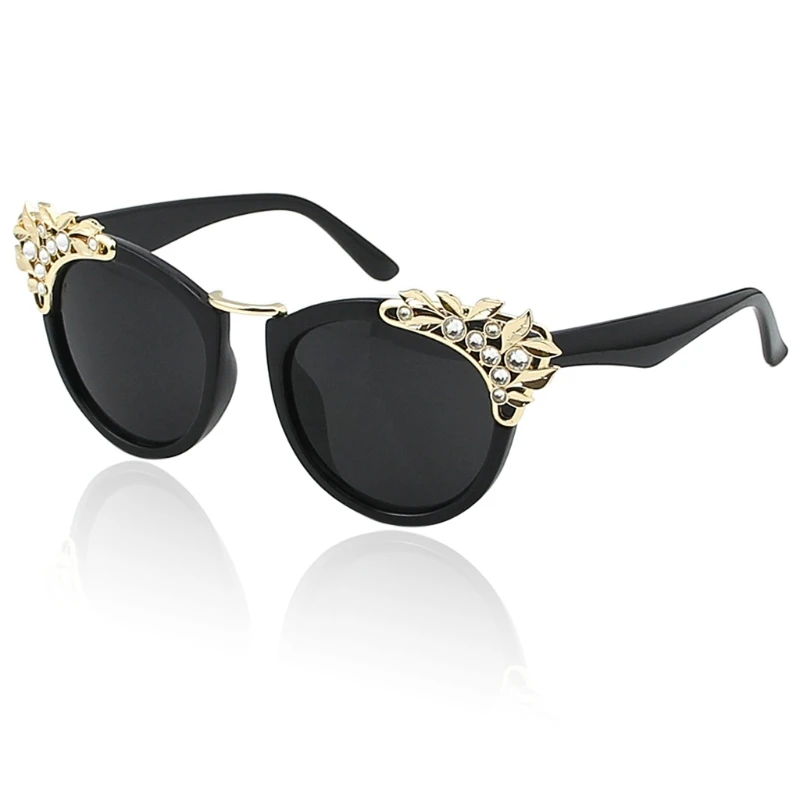 Bright black gray Женские кошачий Глаз Модные солнцезащитные очки Стразы очки с листьями зеркальные линзы LX9E - Цвет оправы: Bright black gray