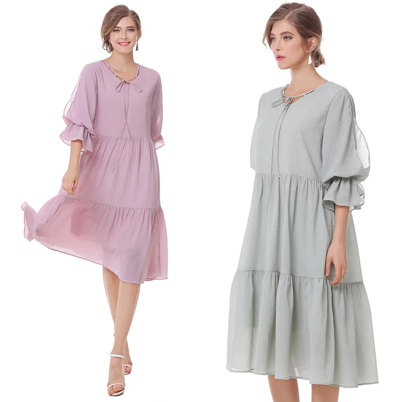 

7356 # New Style Fresh And Unique Design Layers Pleated Big Hemline Slimming Dress Women Dress Two-color