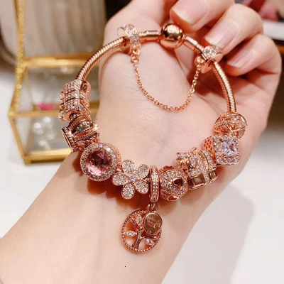 

High Quality 1:1 100% 925 Silver sterling pink gold tree life Crown design freight bracelet free