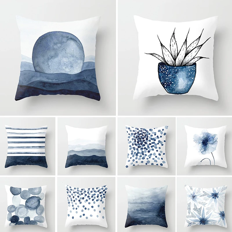 45*45cm Ink Blue Geometric Landscape Pillowcase Waist Throw Cushion Cover Sofa Printed Pillows Covers Car Decor Home Supply | Дом и сад