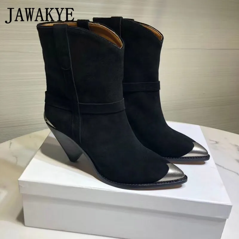 Metal decor pointed toe ankle boots genuine leather spike high heel slip-on chelsea boots runway shoes women cowboy boots