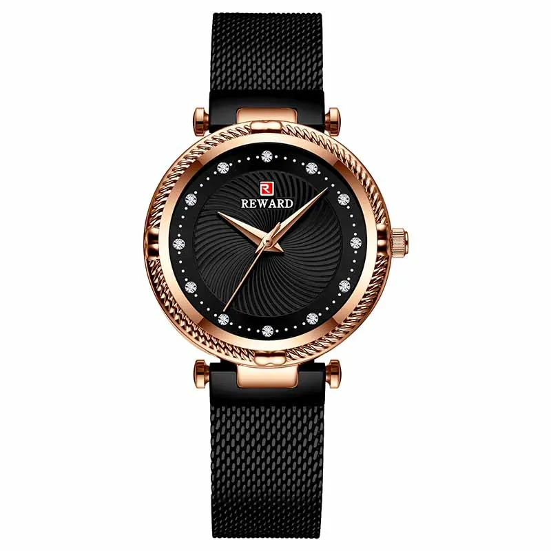 Rose Gold Black Женские Модные кварцевые часы с платьем, женские водонепроницаемые наручные часы из нержавеющей стали, простые женские часы - Цвет: Rose Gold Black