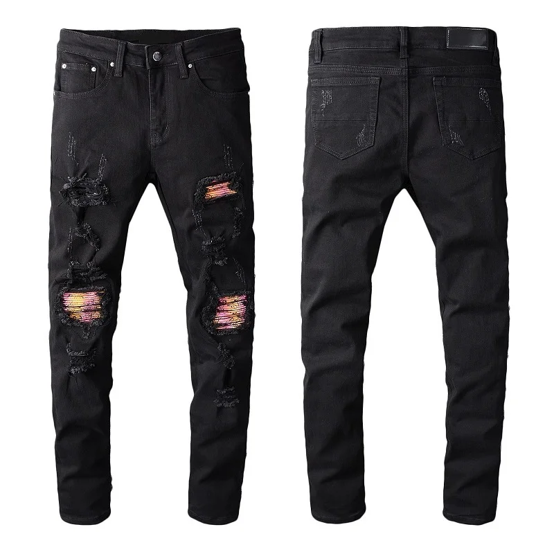 

New Italy Style #608# Men's Distressed Pants Rainbow Colored Print Ribbed Art Patches Black Skinny Jeans Slim Trousers W28-40