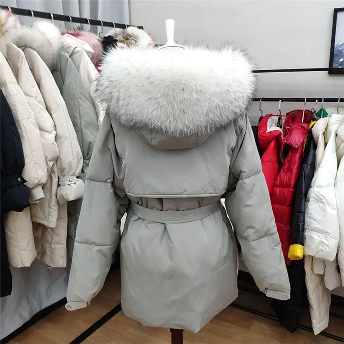 White Down Coat Winter Woman Fashion New Hooded Fur Collar Warm Thicken Cotton Clothing Casual Parkas Belt Overcoat f1401