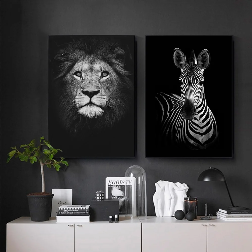 

Animal Giraffe Poster Zebra Lion Elephant Horse Prints Poster Black and White Canvas Art Wall Decorative Picture Living Room