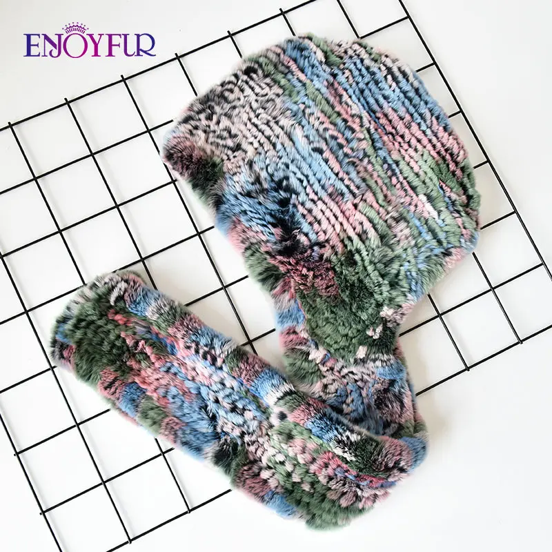 013 ENJOYFUR Warm rabbit fur hat scarf for women fashion female Russian style fur cap scarf knitted warm fur beanies - Color: 013