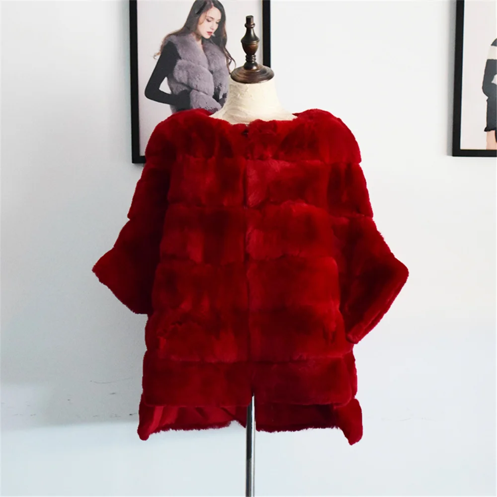 TOPFUR шуба из кролика Рекс женская красная куртка тип летучей мыши зимнее пальто для женщин большие размеры натуральный мех пальто женская кожаная куртка свободная