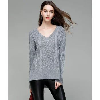 

2019 Winter Leisure European and American women's suits, v-neck, solid color, knitted, threaded, printed loose sweater