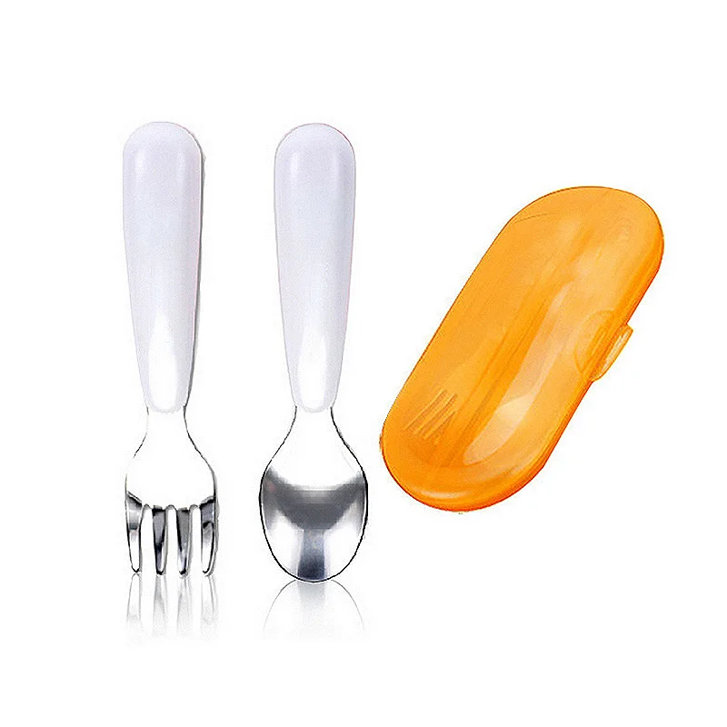 Heat-Resistant Baby Utensil Spoon Fork Set with Travel Safe Case Toddler Babies Children Feeding Training Spoon Easy Grip J74