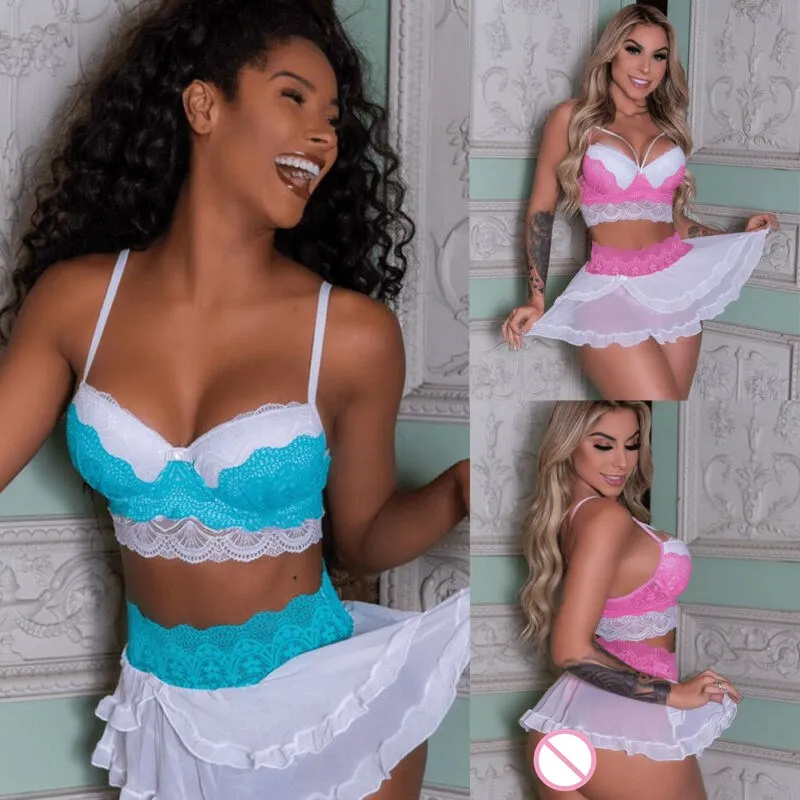 Women Lingerie Sexy Lingerie Lingerie Sets Women Sleepwear Custom Lingerie Nightwear Dress See through Sleeveless Lace Transparent Babydoll G-String Underwear Bra Set