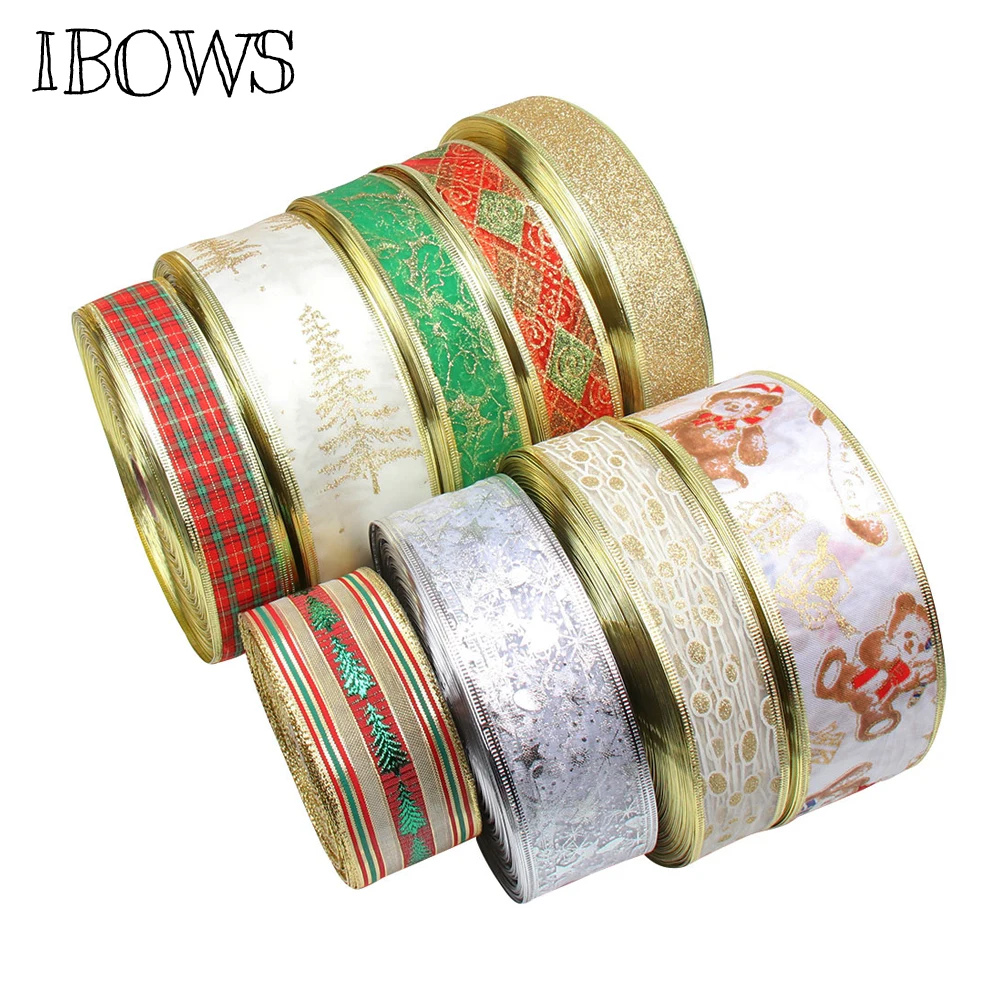 

IBOWS 5yards Christmas Ribbon Organza Stain Printed Ribbon for DIY Xmas Bows Materials Festival Party Decoration Gift Package
