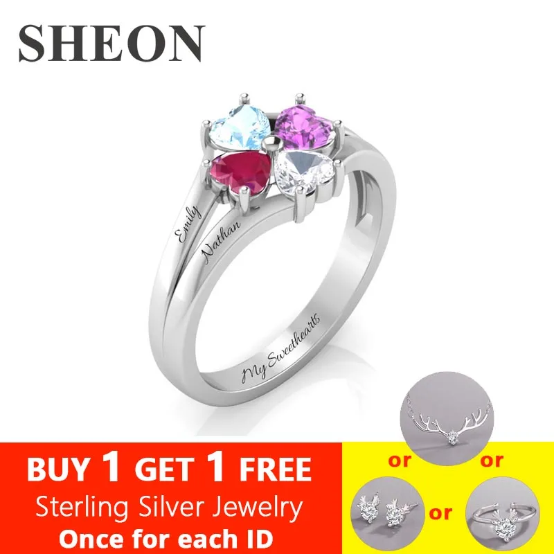 

SHEON Personalized 925 Sterling Silver Engraved 4 Heart-Shaped Birthstones Ring Custom Sterling Silver Jewelry Mother's Day Gift